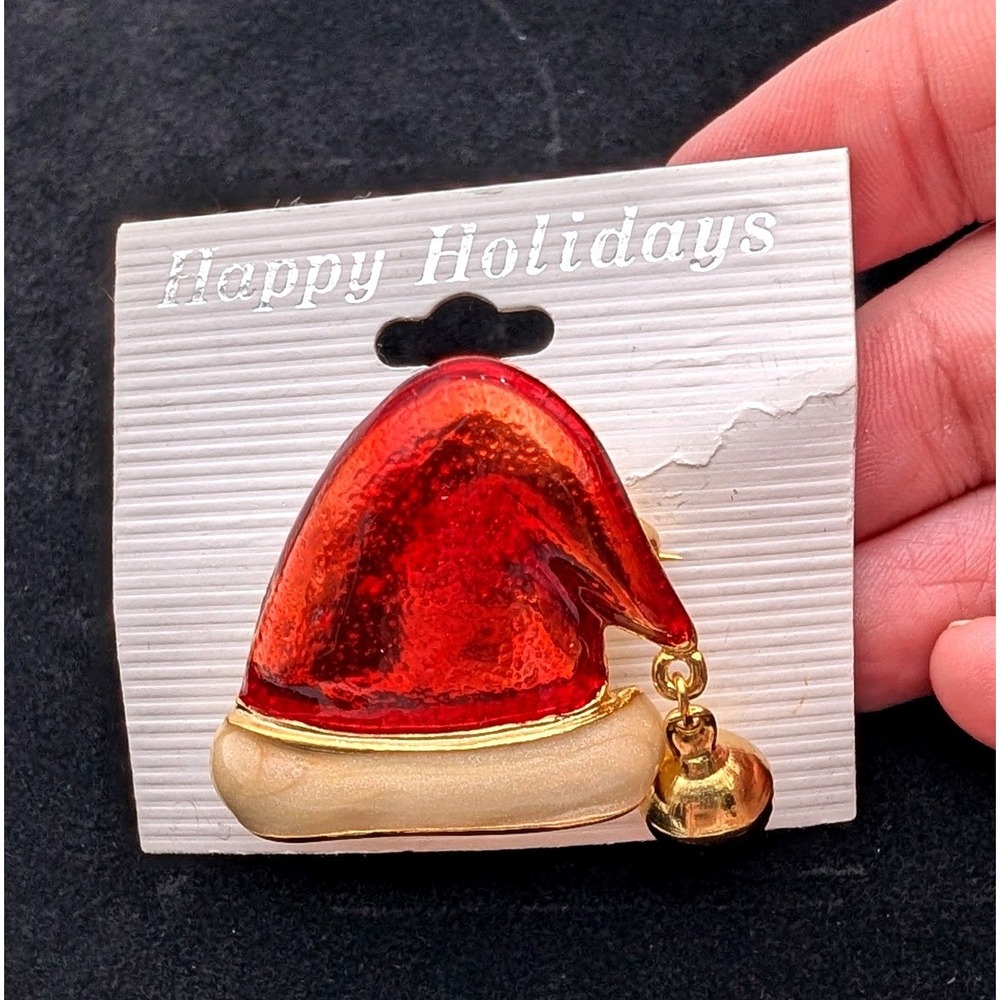 Vintage Style Santa Hat Brooch Red Enamel Gold Tone Bell Christmas Holiday Pin